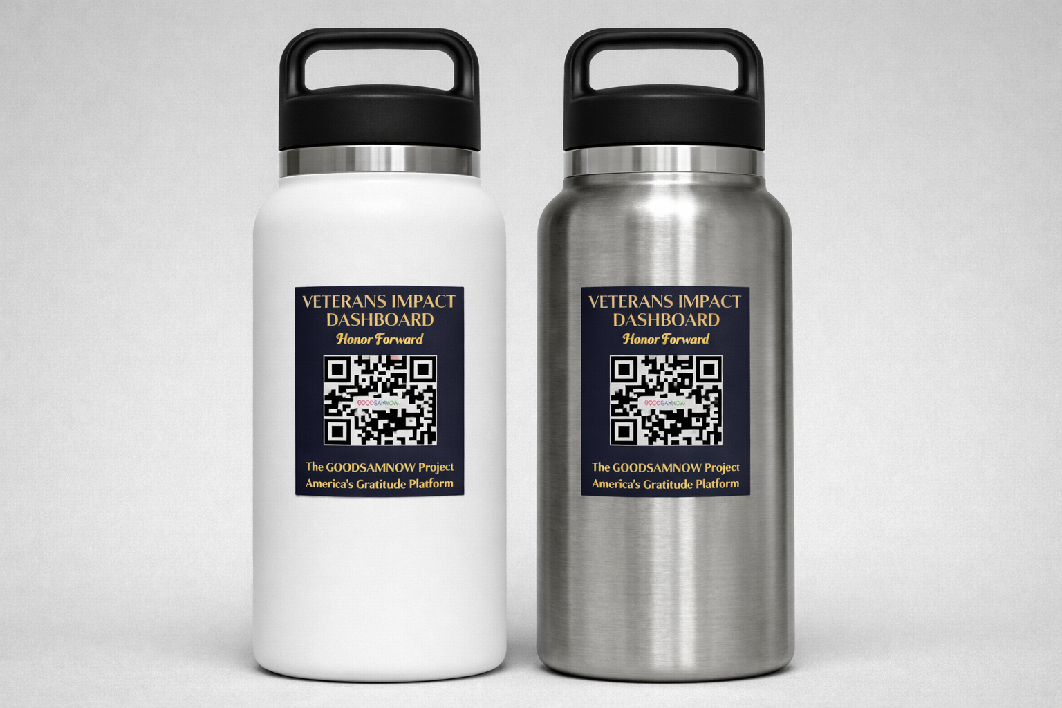 Veterans Impact Dashboard QR decals on water bottles, from ThankVetsHere.org