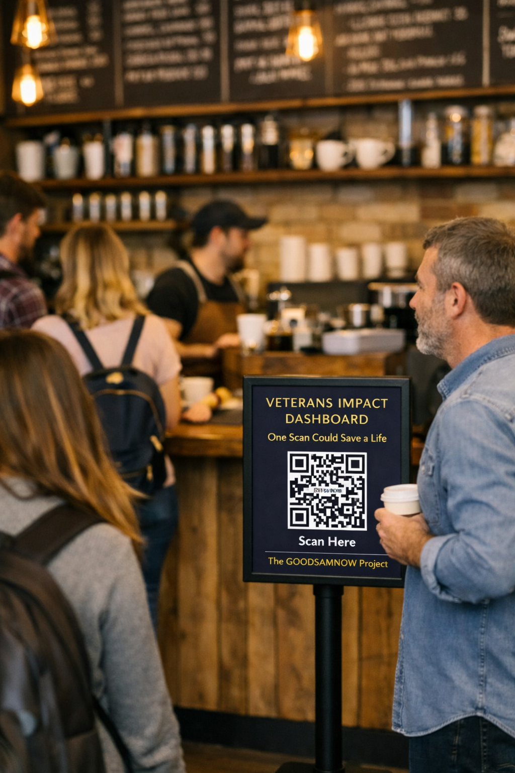 Veterans Impact Dashboard QR sign in a coffee shop, from ThankVetsHere.org
