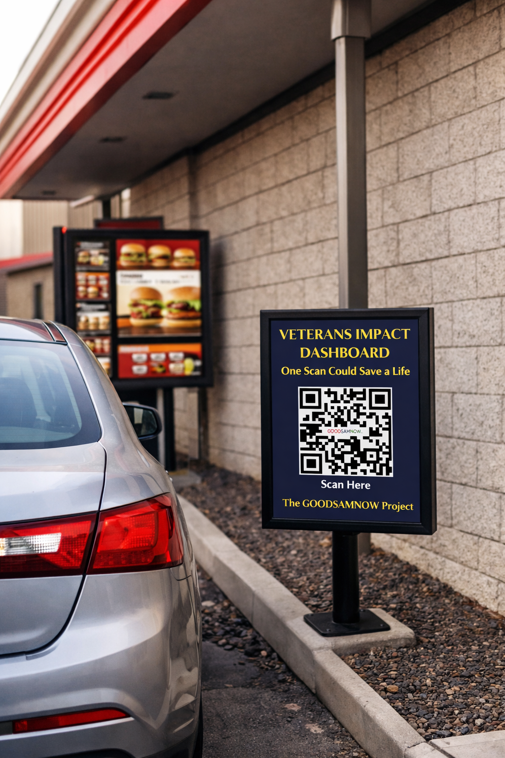 Veterans Impact Dashboard QR sign at a drive-thru, from ThankVetsHere.org