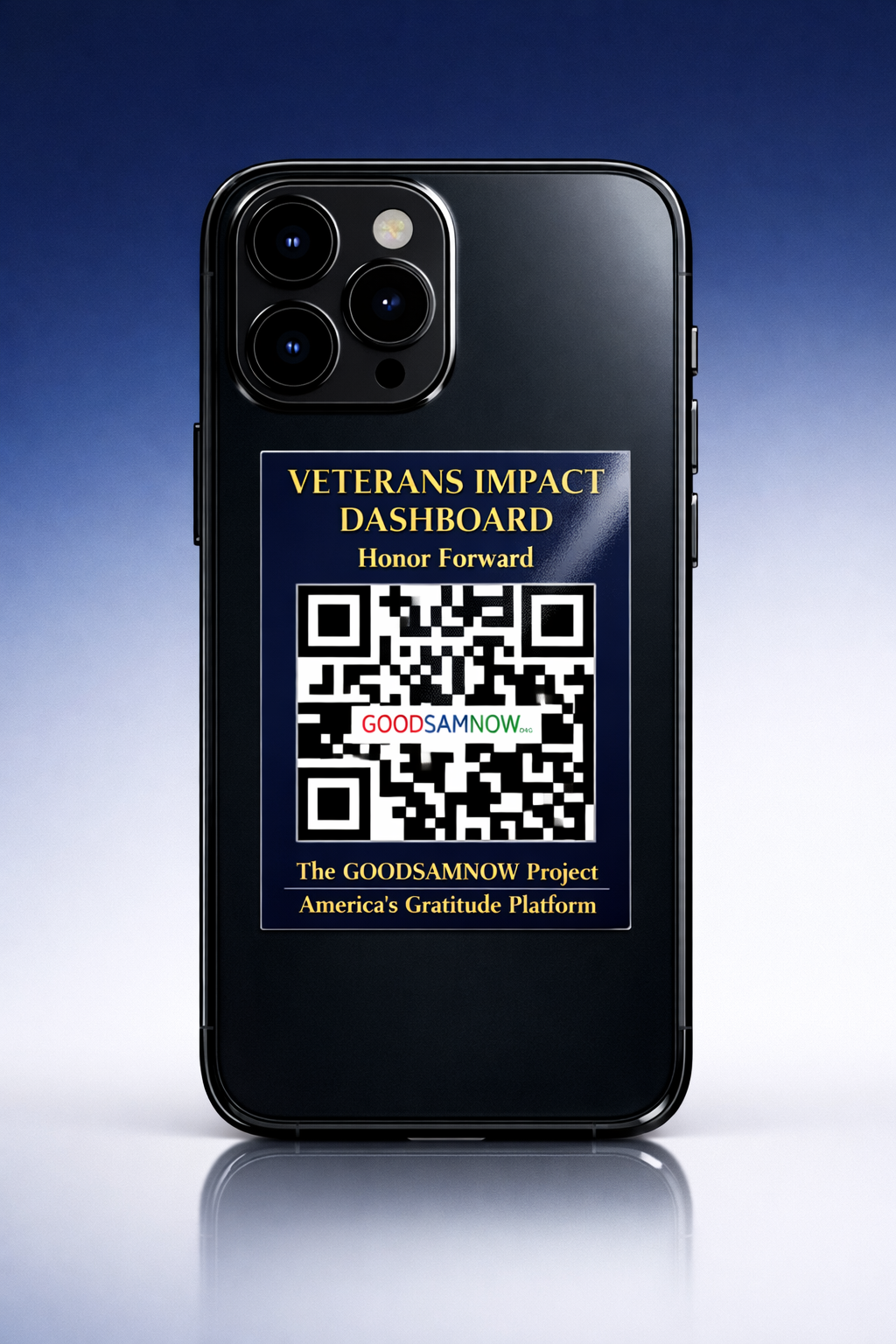 Veterans Impact Dashboard QR decal on a phone case, from ThankVetsHere.org