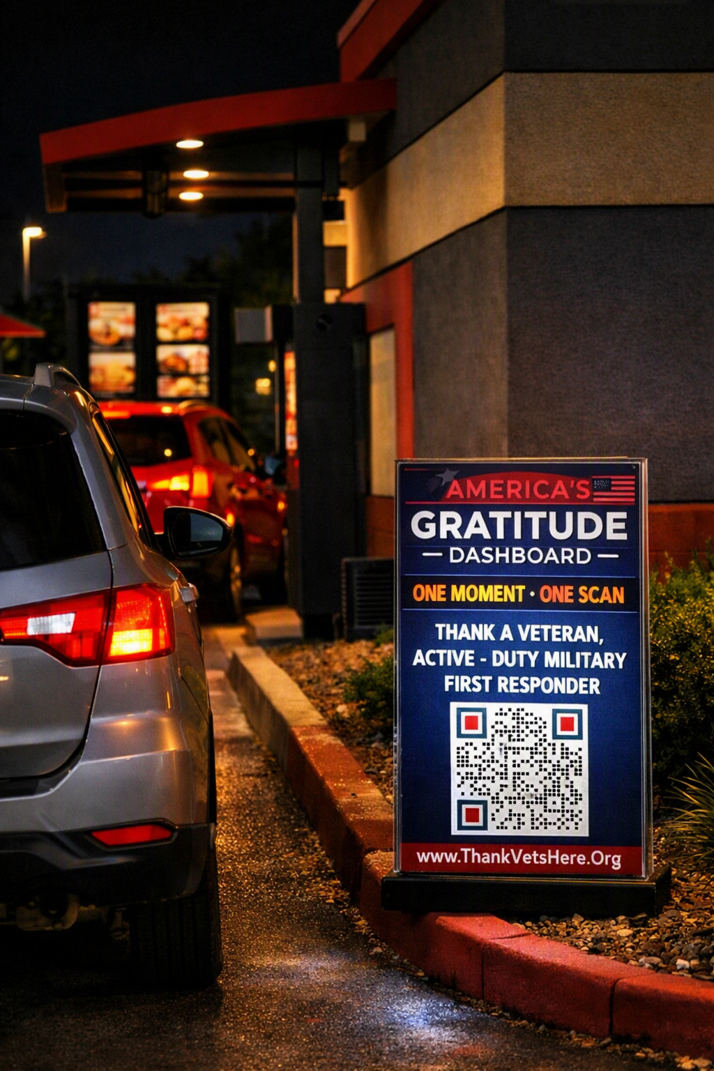 America's Gratitude Dashboard sign displayed beside a drive-thru lane