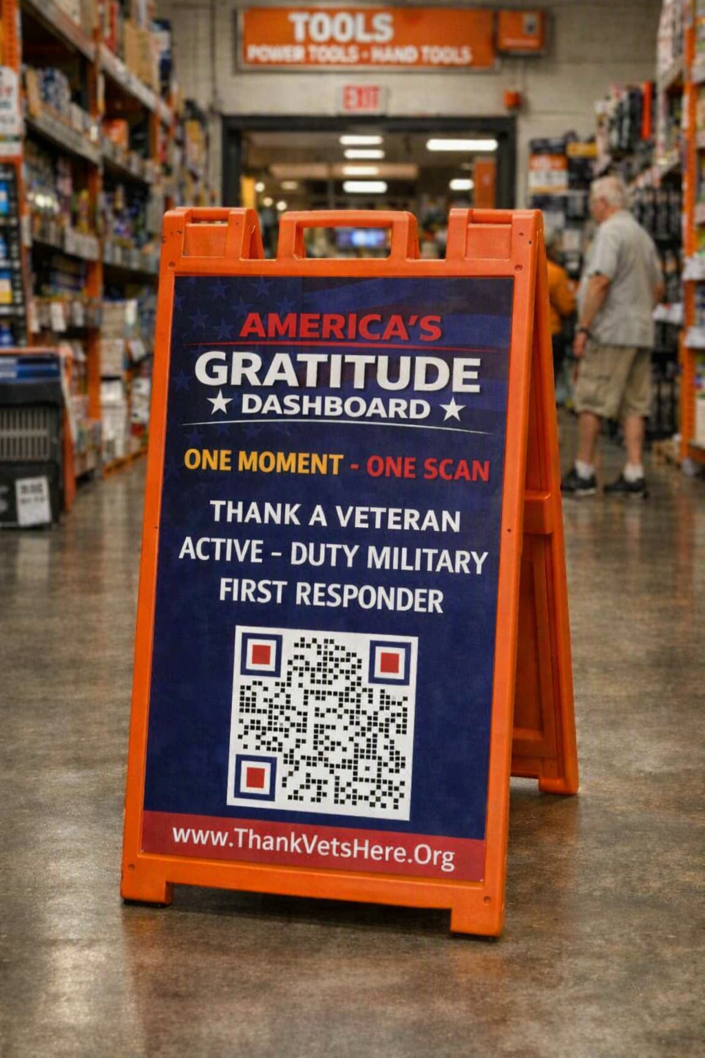 America's Gratitude Dashboard sign displayed in a hardware store aisle
