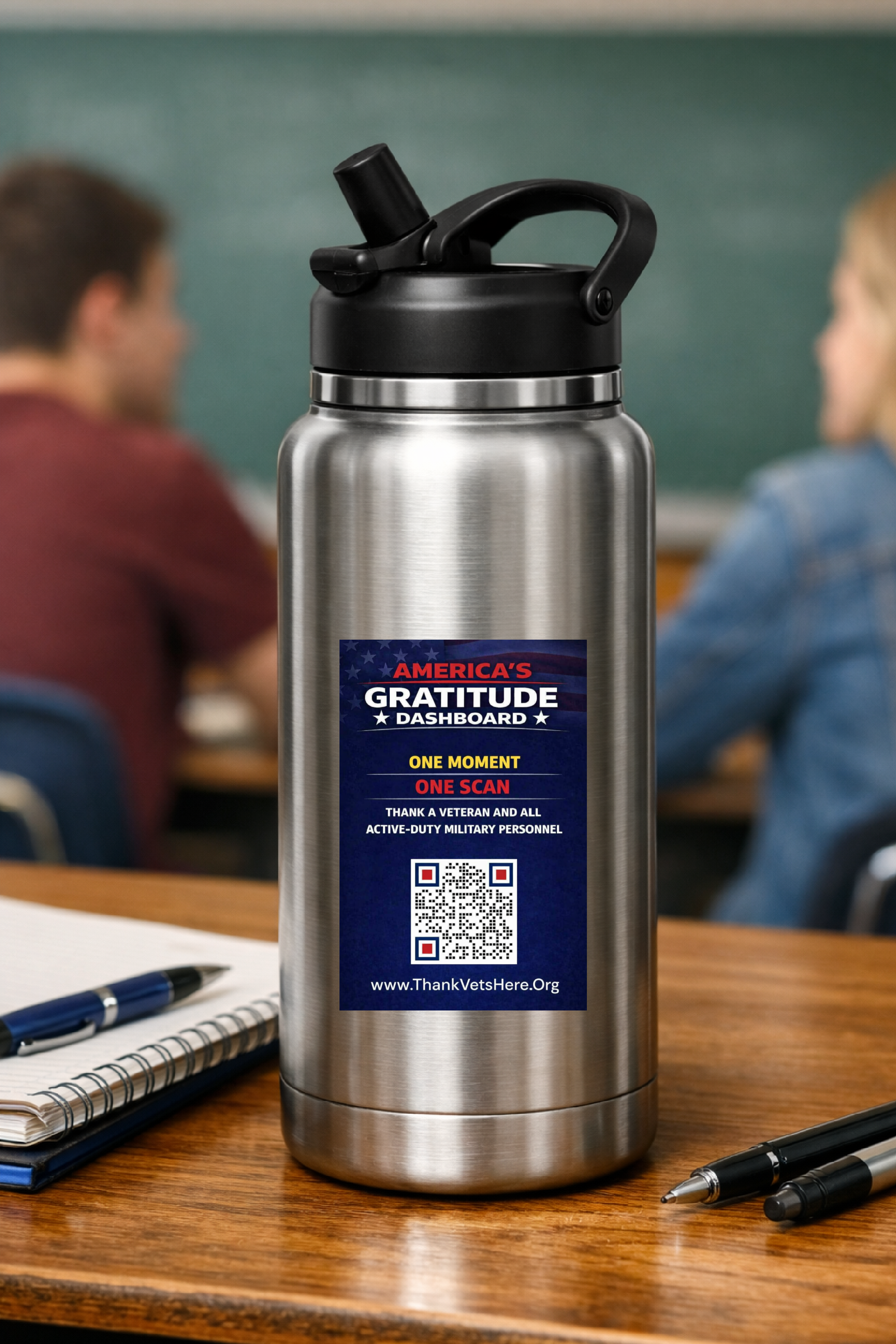 America's Gratitude Dashboard decal displayed on a student's thermos in a classroom